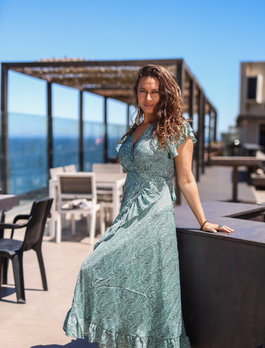 vestido largo kimono de seda envolvente Celeste